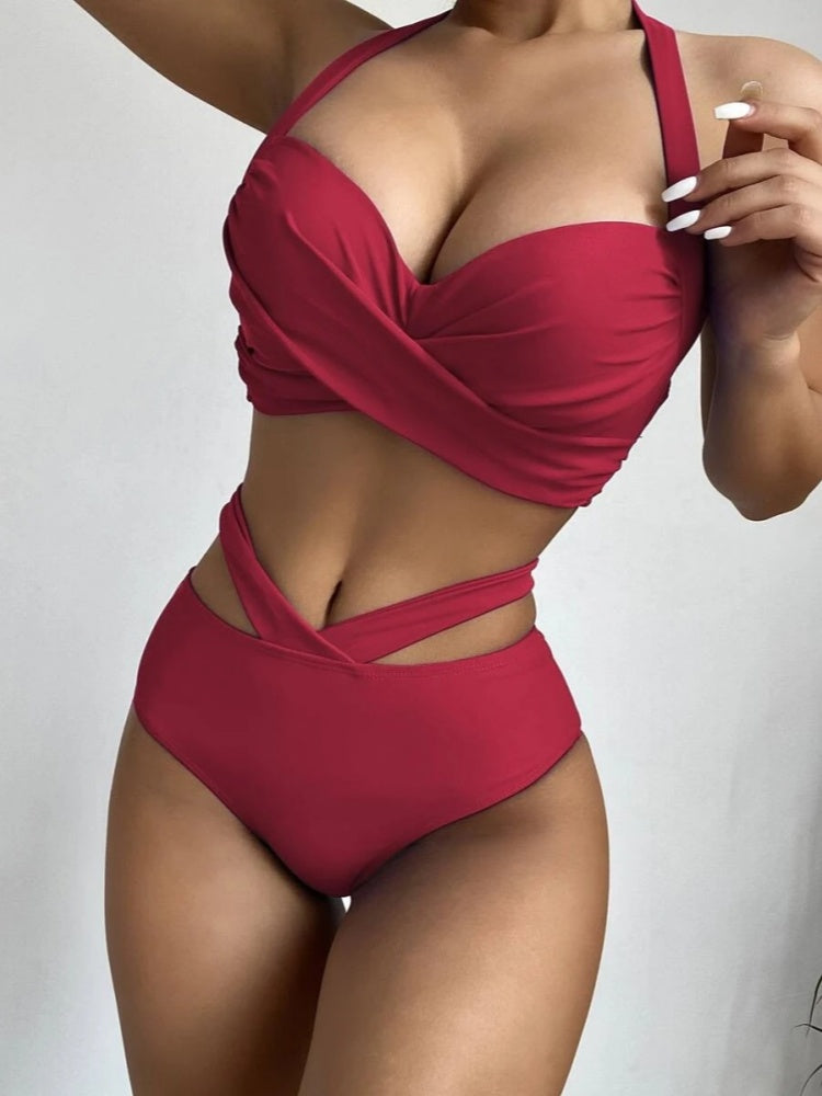 High-Waisted Push-Up Bikini Set – Cross Waist Slimming Swimsuit