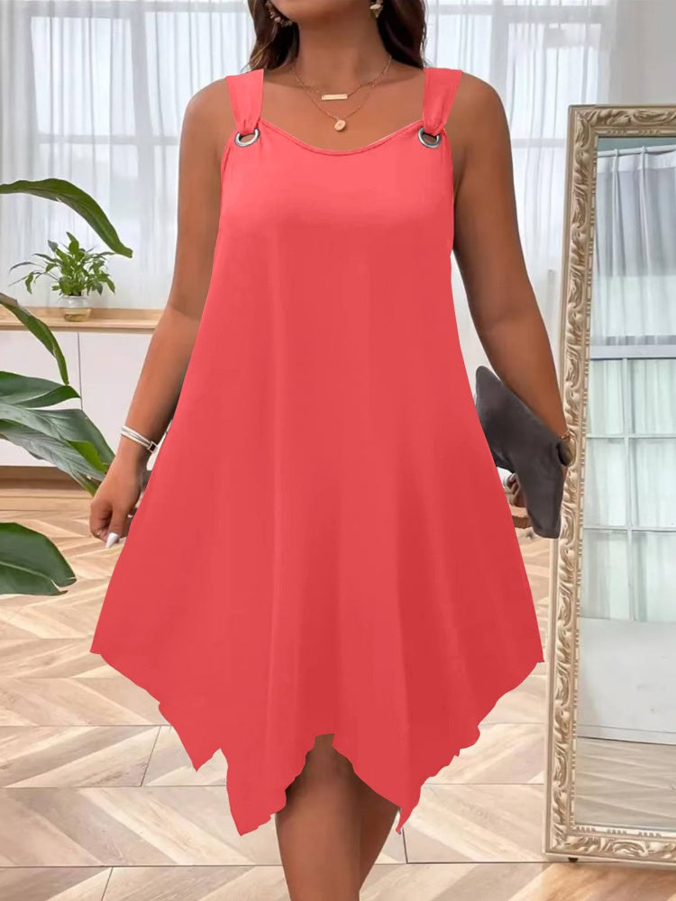 Solid O-Ring Strap Asymmetric Hem Tank Dress