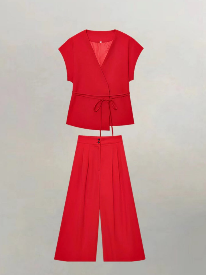 V-Neck Short Sleeve Wrap Tie Waist Top &amp; Wide Leg Pants Set