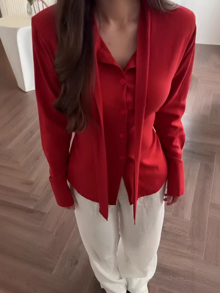 Long Sleeve Button Up Tie Front Blouse