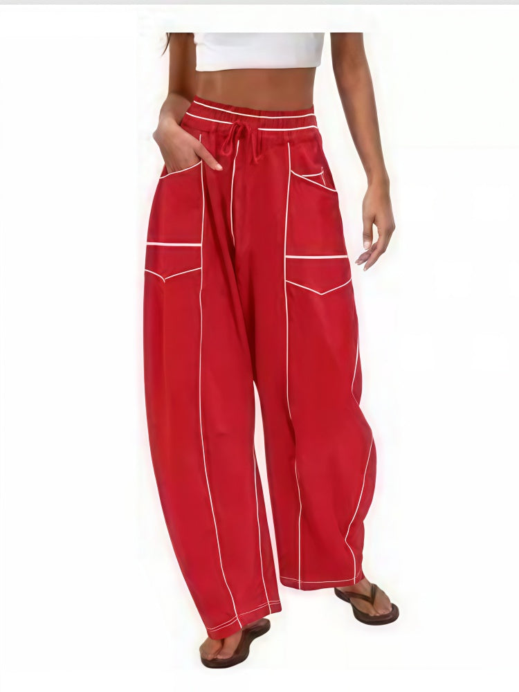 Elastic Waist Contrast Stitch Wide Leg Pants