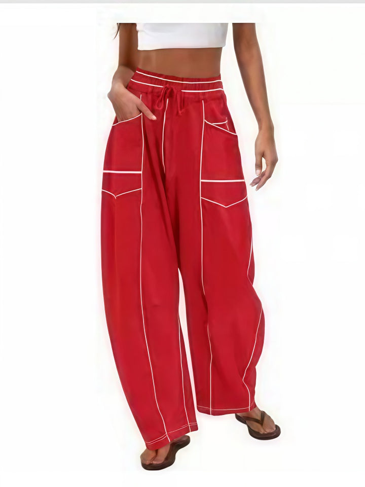 Elastic Waist Contrast Stitch Wide Leg Pants