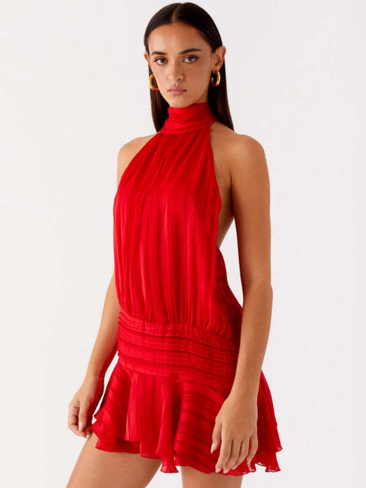 Pleated Halter Neck Ruffle Mini Dress