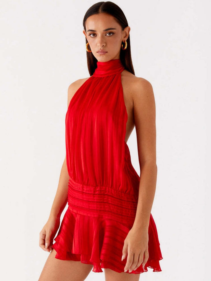 Pleated Halter Neck Ruffle Mini Dress