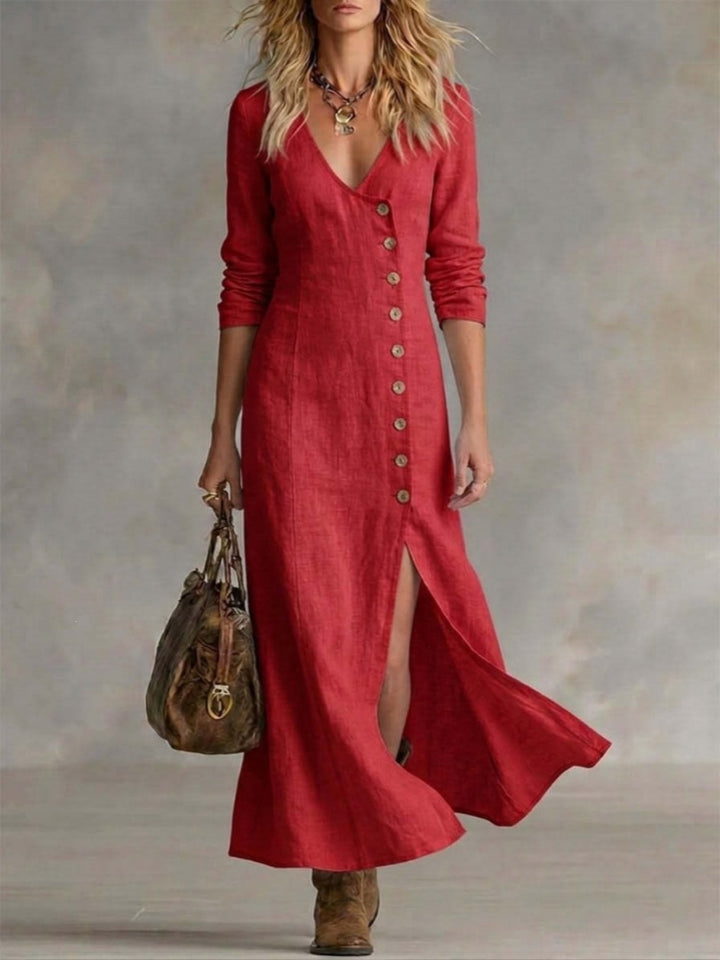 Linen-Blend Maxi Dress | V-Neck Long Sleeve Side Slit Button-Front Dress