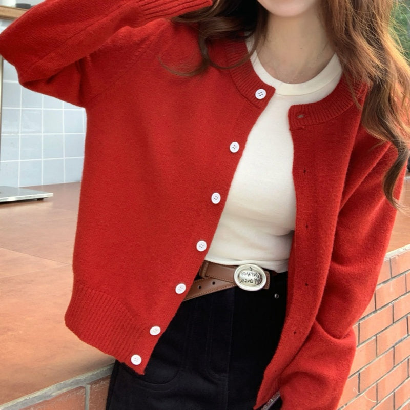 Solid Color Crew Neck Knit Cardigan