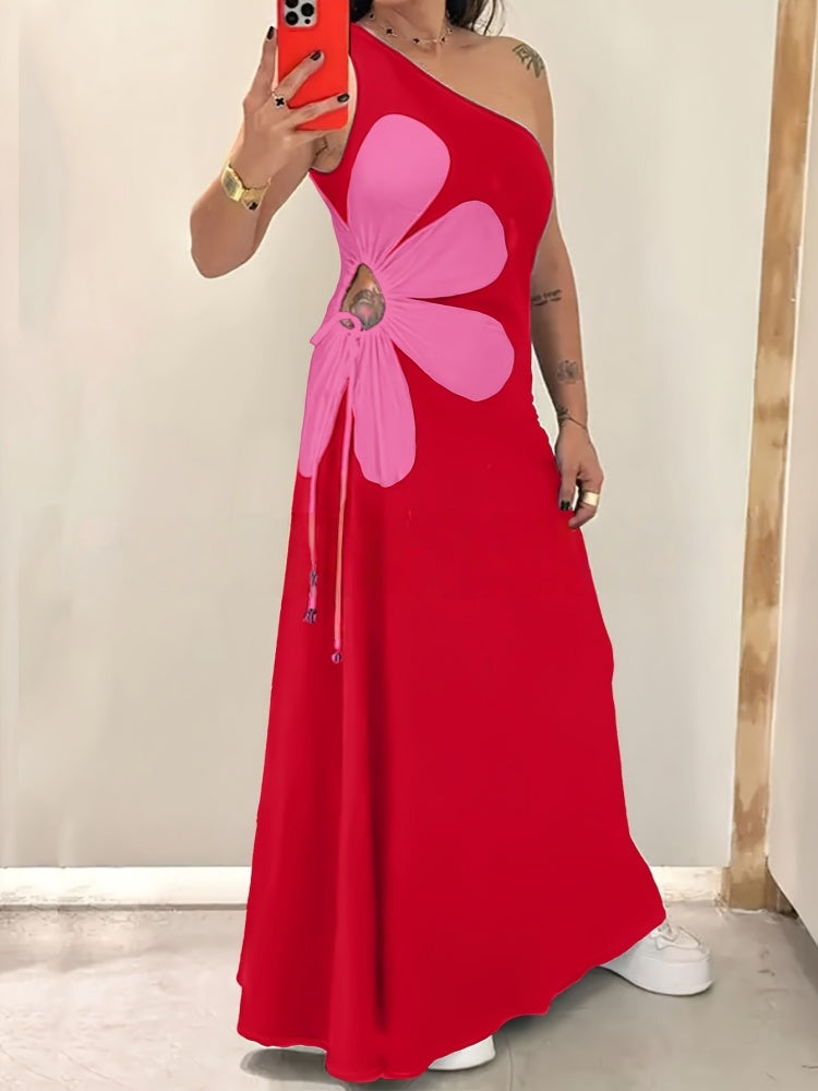 One Shoulder Flower Cutout Maxi Dress