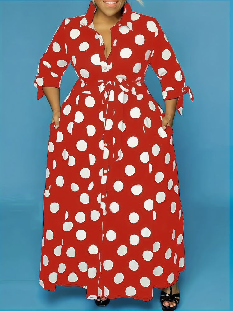 Polka Dot Tie Cuff Shirt Maxi Dress with Pockets