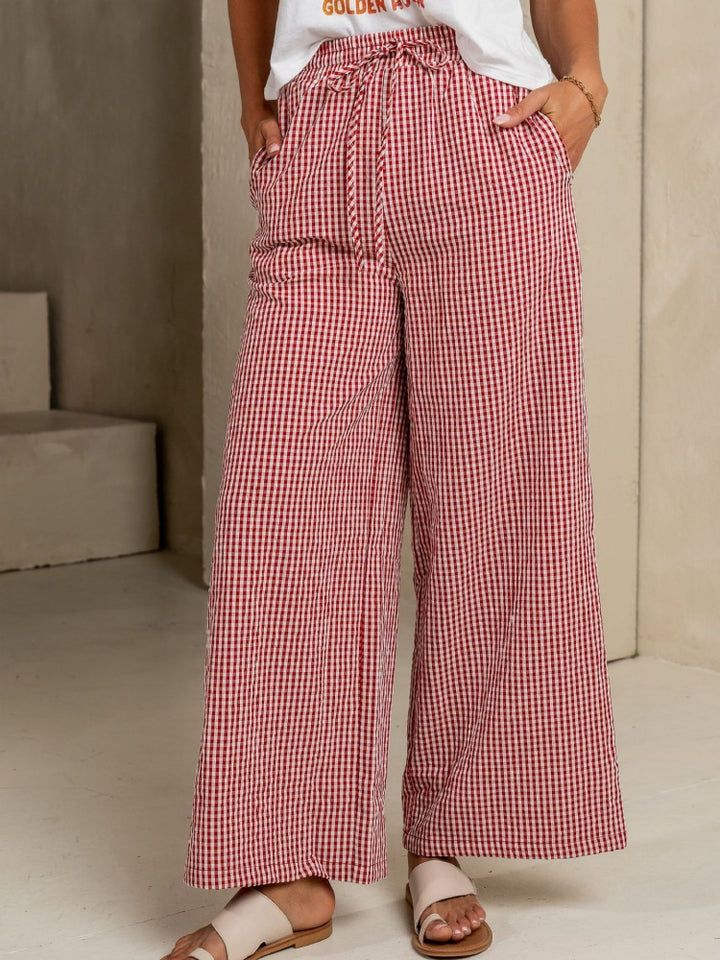 Gingham Drawstring Wide Leg Pants