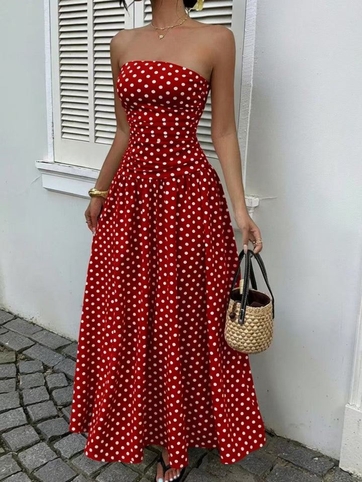 Strapless Ruched Polka Dot Flowy Maxi Dress