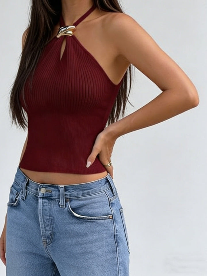 Metallic Buckle Halter Ribbed Knit Crop Top