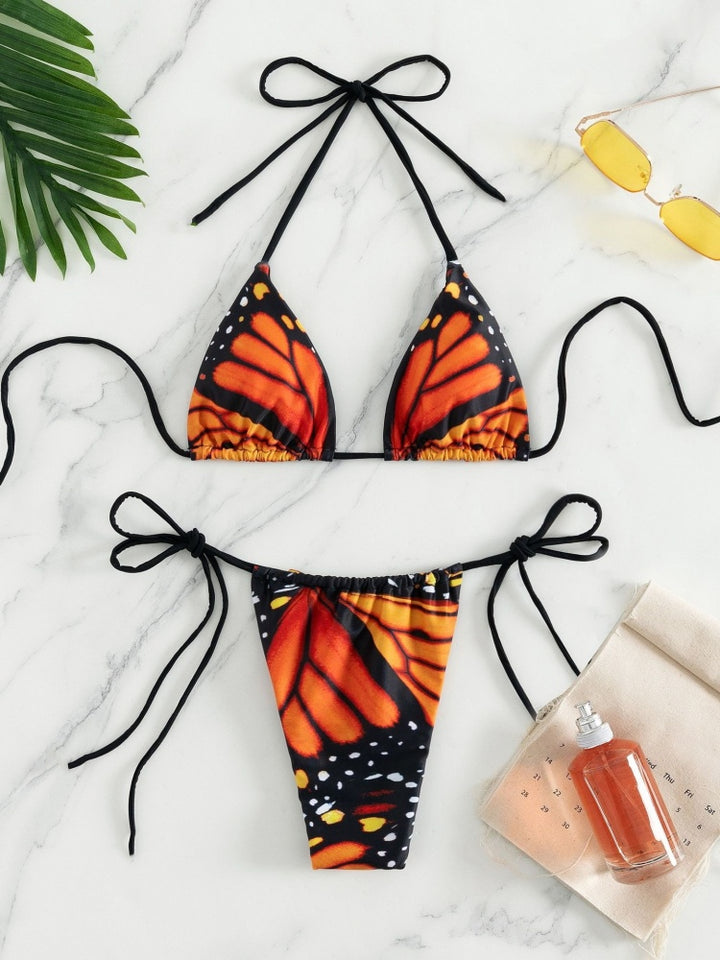 Butterfly Print Triangle Bikini Set – Tie Side