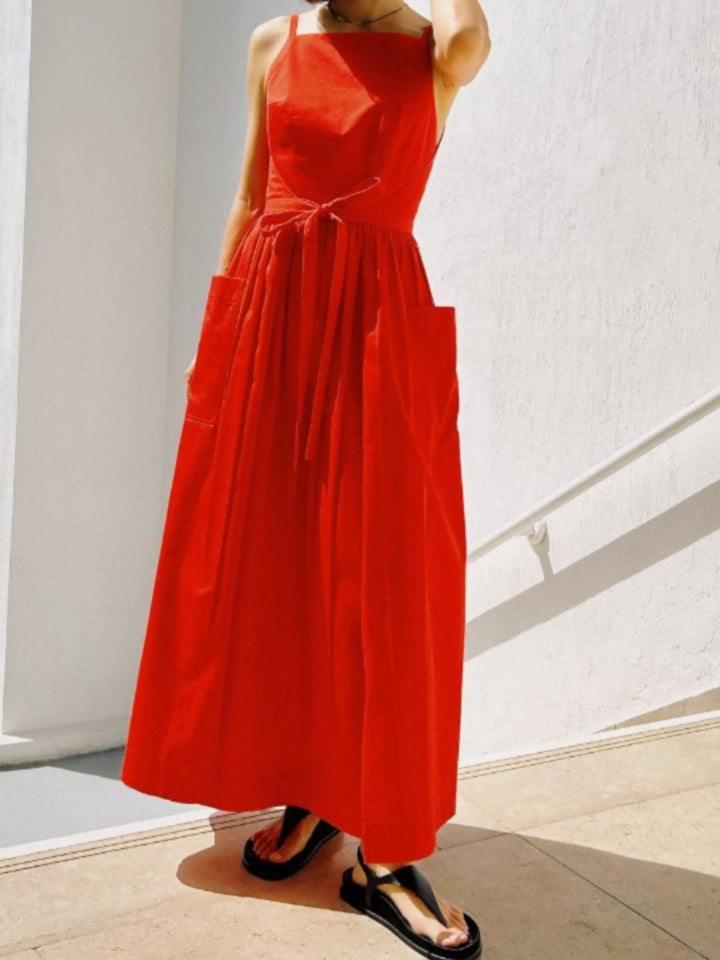 Square Neck Tie Waist Wide Leg Jumpsuit