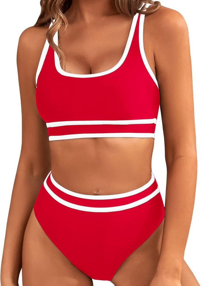 Contrast Trim Stripe High Waisted Bikini Set