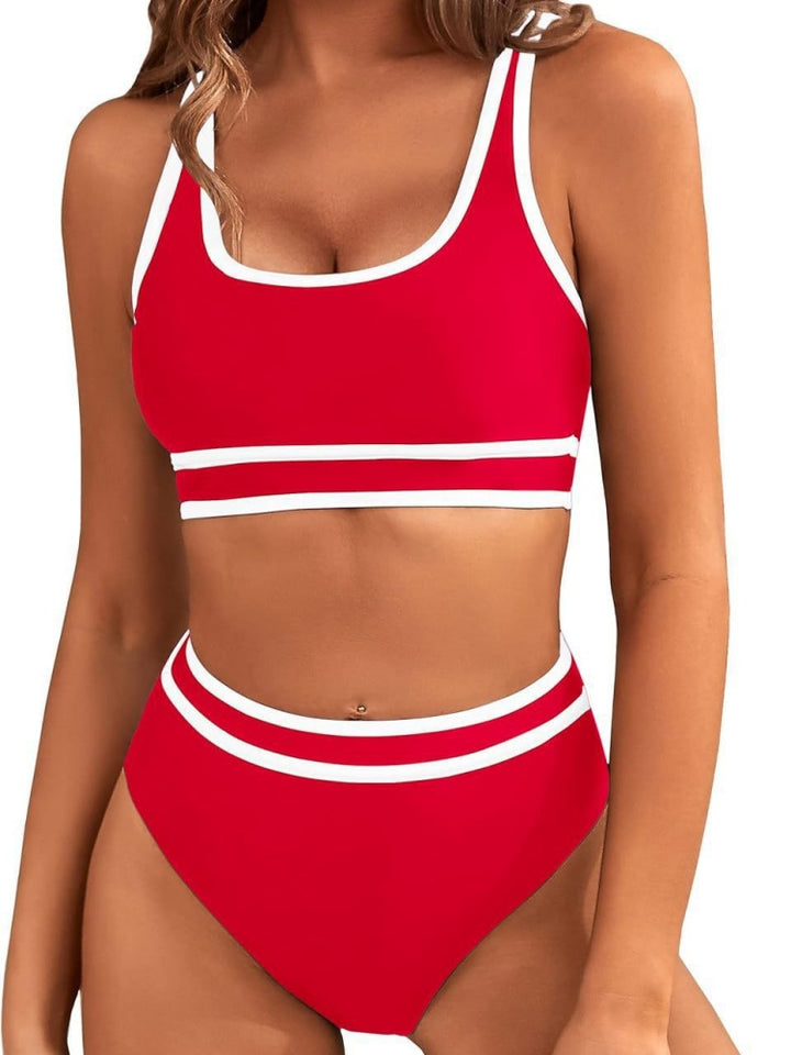 Contrast Trim Stripe High Waisted Bikini Set