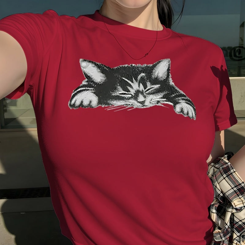 3D Cat Print Cotton Crew Neck T-Shirt - Casual Short Sleeve Tee
