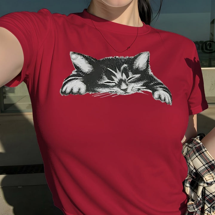 3D Cat Print Cotton Crew Neck T-Shirt - Casual Short Sleeve Tee