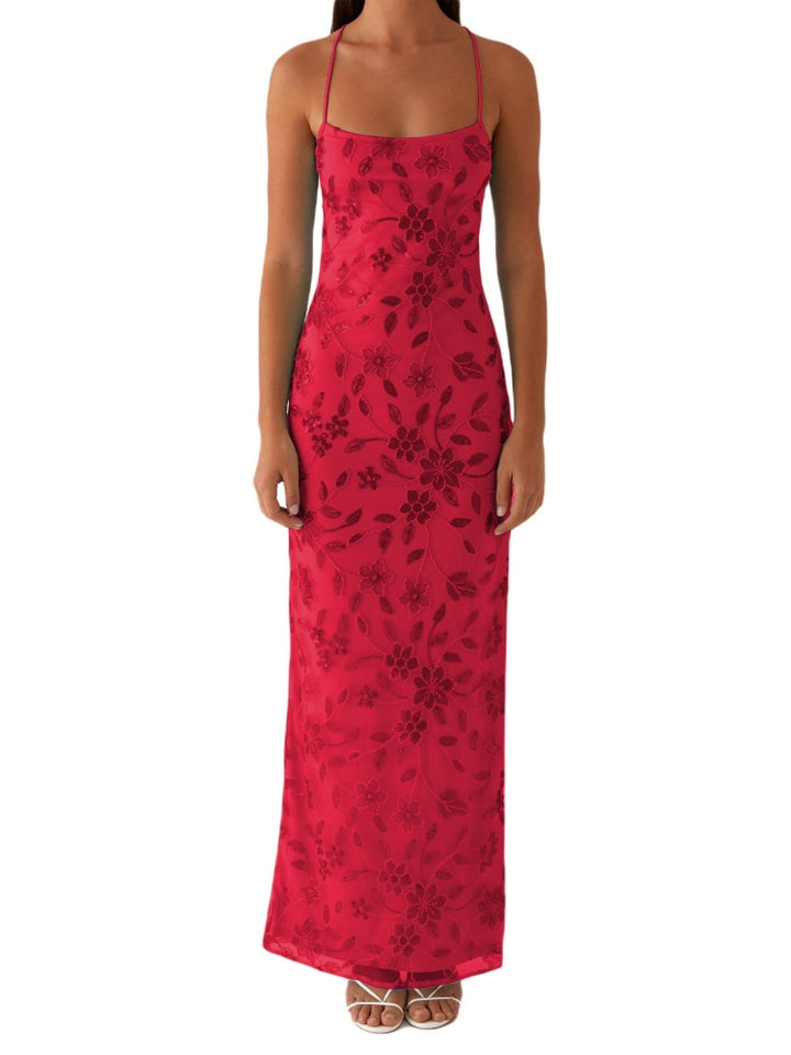 Floral Embroidered Mesh Maxi Dress - Spaghetti Strap Bodycon Evening Gown
