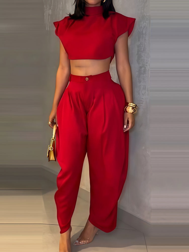 Chic Mock Neck Crop Top &amp; High Waisted Wide Leg Pants Set