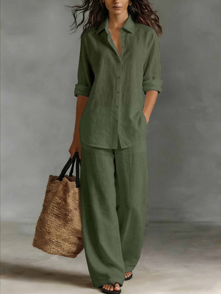 Women Linen Shirt Wide Leg Pants Vacation Two Piece Set