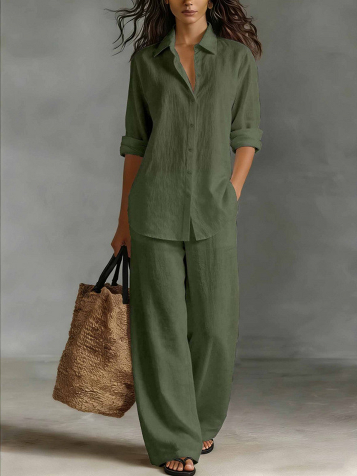 Women Linen Shirt Wide Leg Pants Vacation Two Piece Set