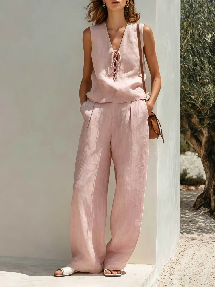 Minimalist tie-waistless top and wide-leg pants suit