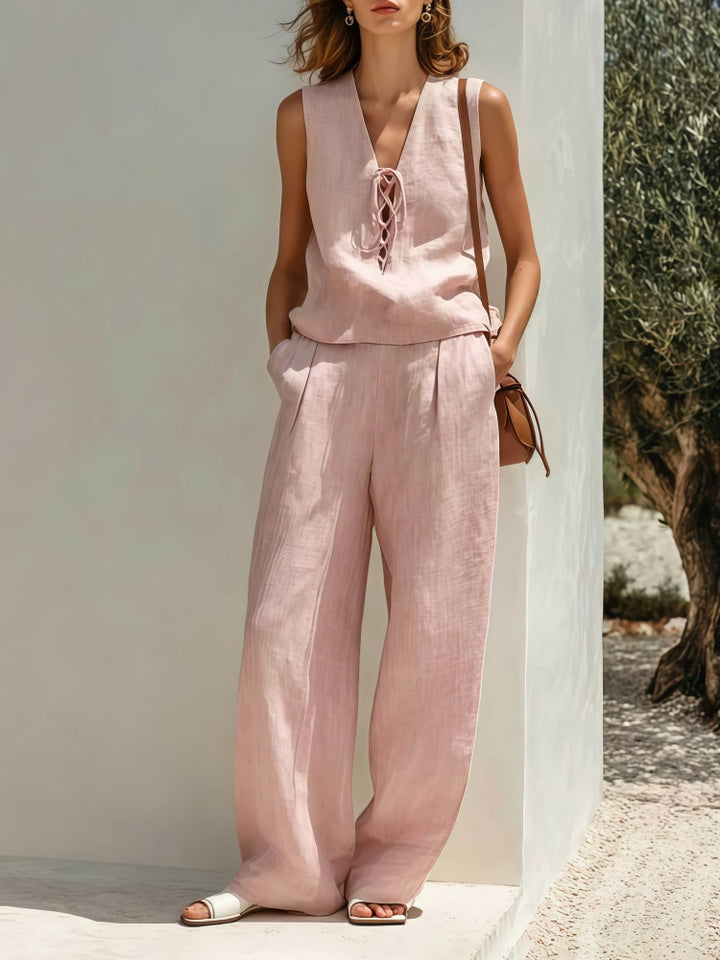 Minimalist tie-waistless top and wide-leg pants suit