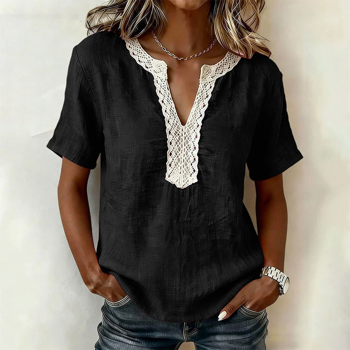 100% Cotton Casual Loose Lace Collar Short-Sleeved Top
