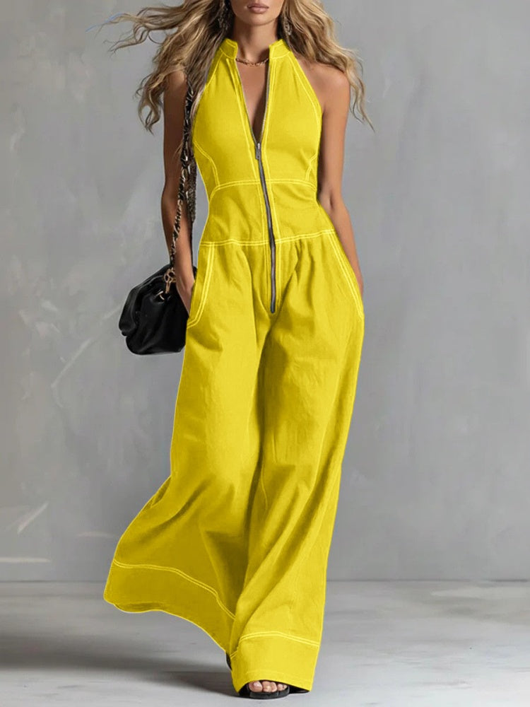 Deep V-neck stand-up collar sleeveless casual jumpsuit