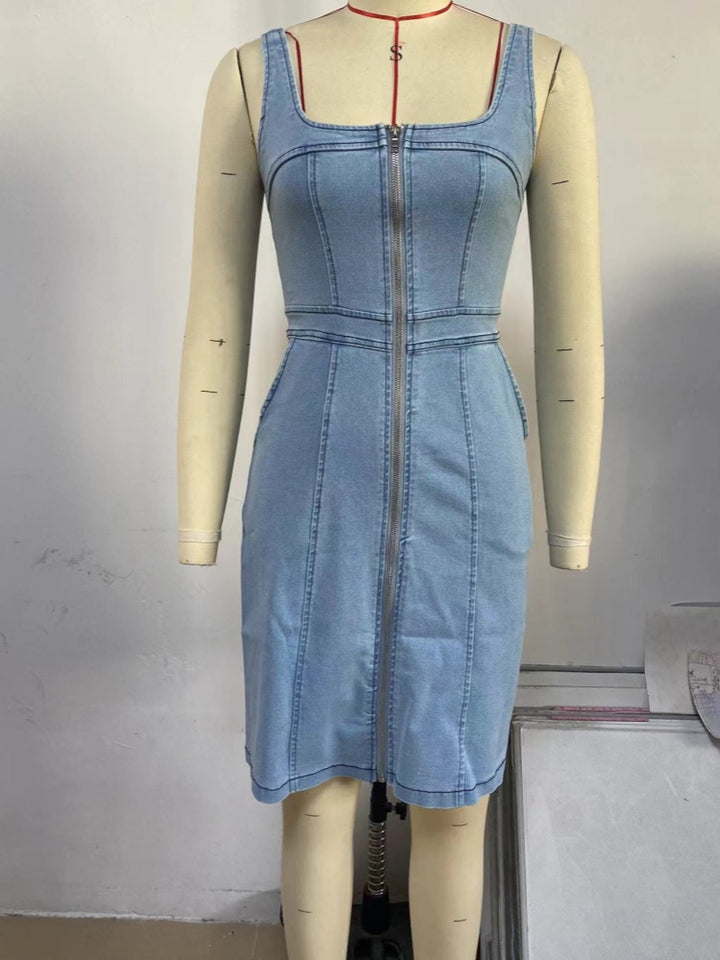 Sleeveless U-Neck Zip-Front Denim Bodycon Mini Dress