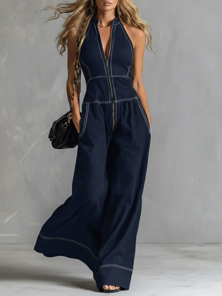 Deep V-neck stand-up collar sleeveless casual jumpsuit