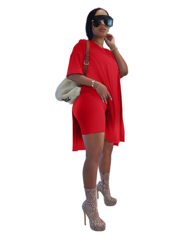 Side-slit long top and shorts two-piece set