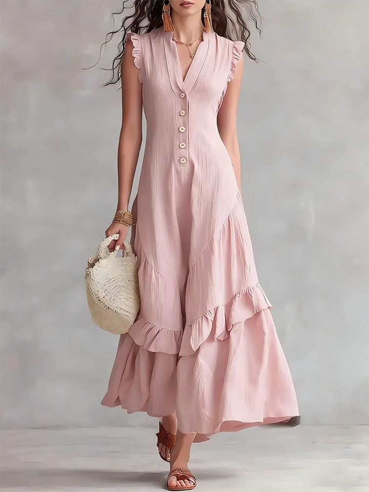 Elegant minimalist ruffled cotton linen sleeveless dress
