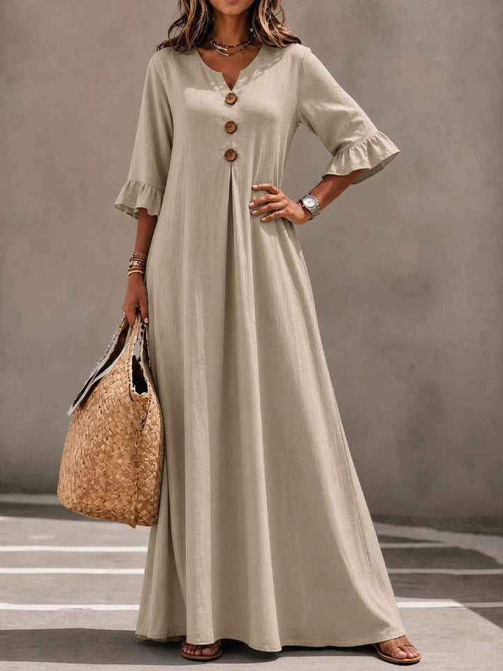 V-Neck Ruffle-Sleeve Dress with Wooden Buttons