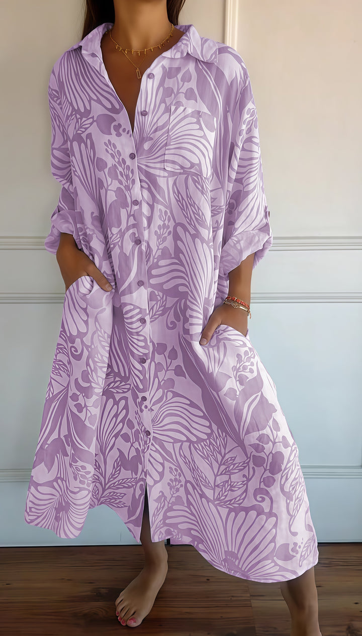 Women Tropical Leaf Print Button Down Shirt Dress