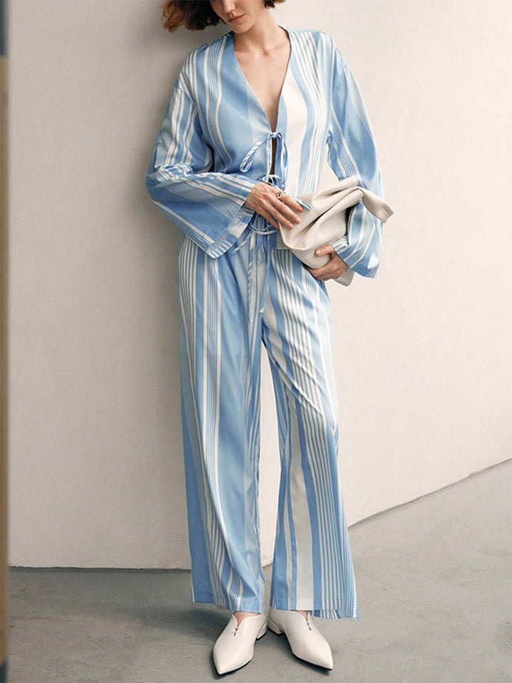 Striped long-sleeved straight-leg trousers two-piece pajama set