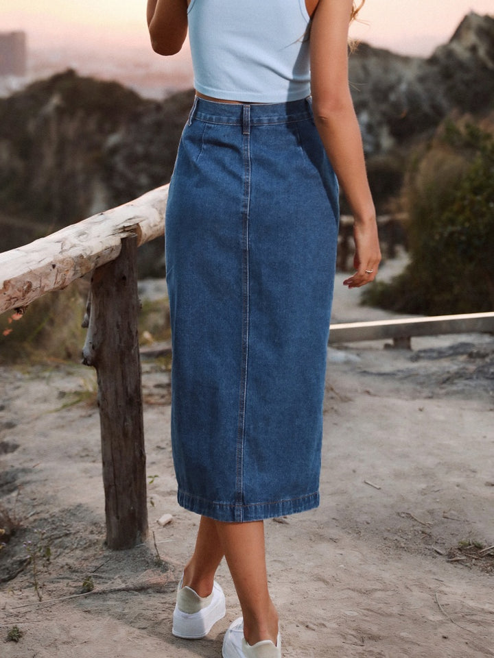 High Waist Irregular Split Denim Maxi Skirt
