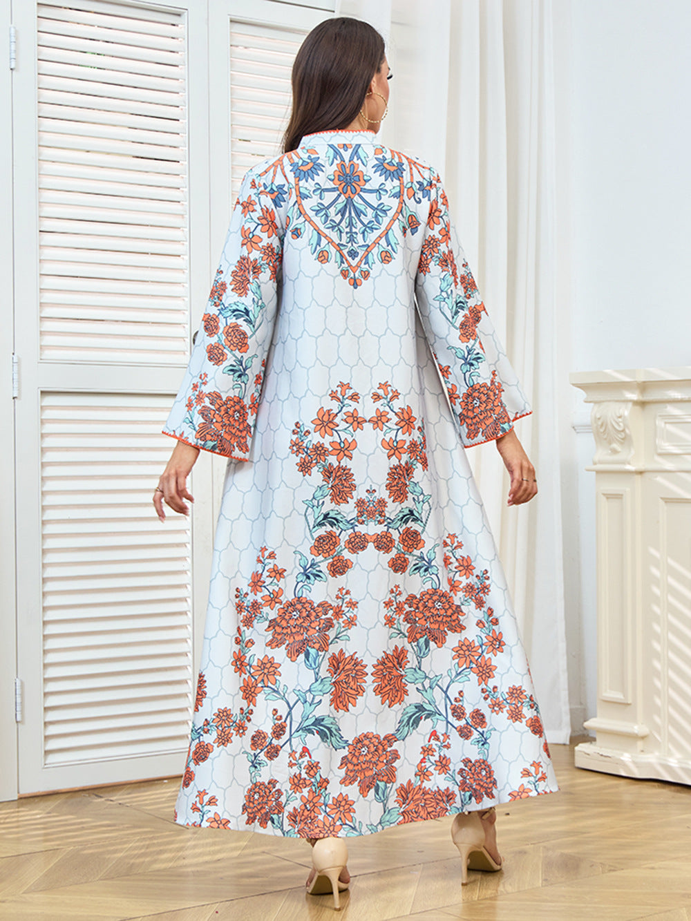 Floral Print V-Neck Maxi Abaya Dress