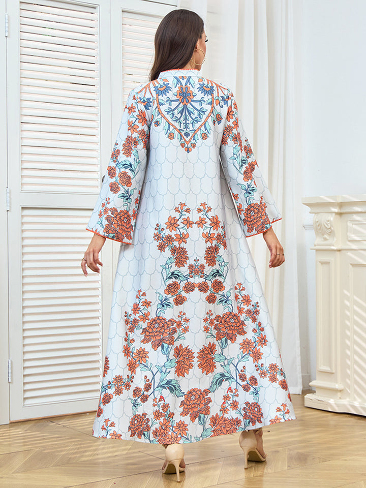 Floral Print V-Neck Maxi Abaya Dress