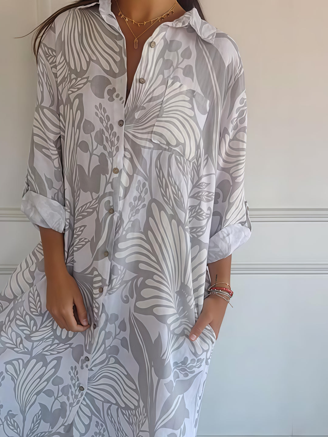 Women Tropical Leaf Print Button Down Shirt Dress