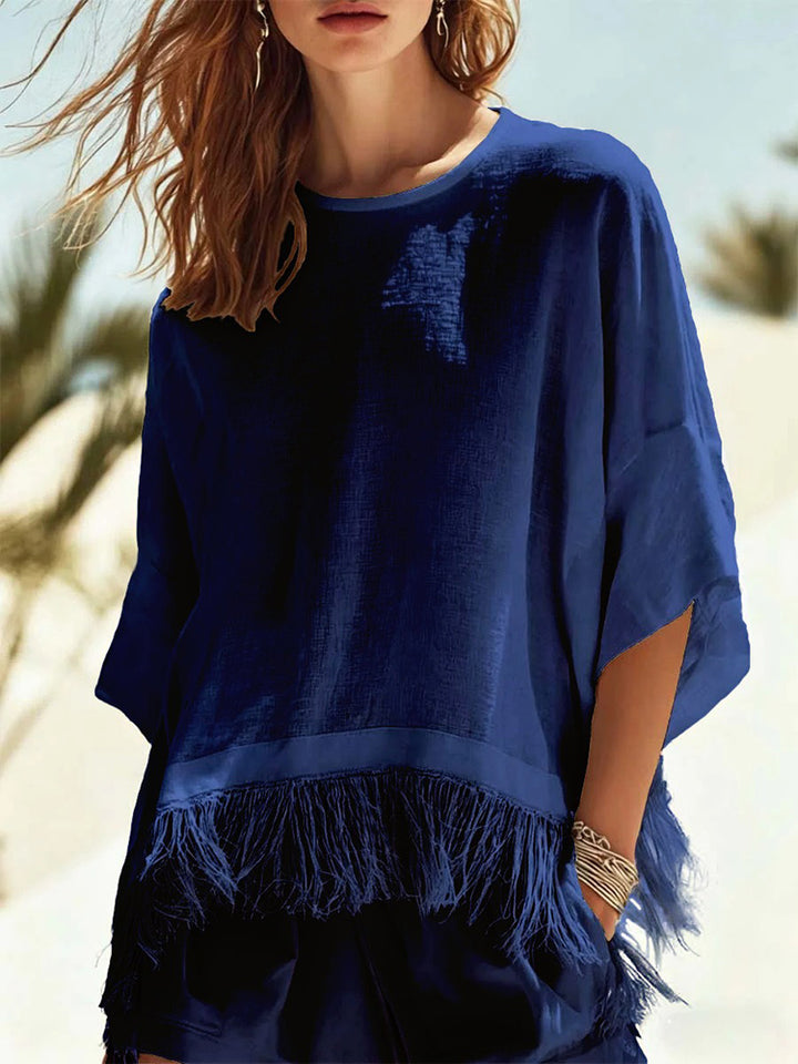 Fashionable solid color tassel short-sleeved T-shirt top