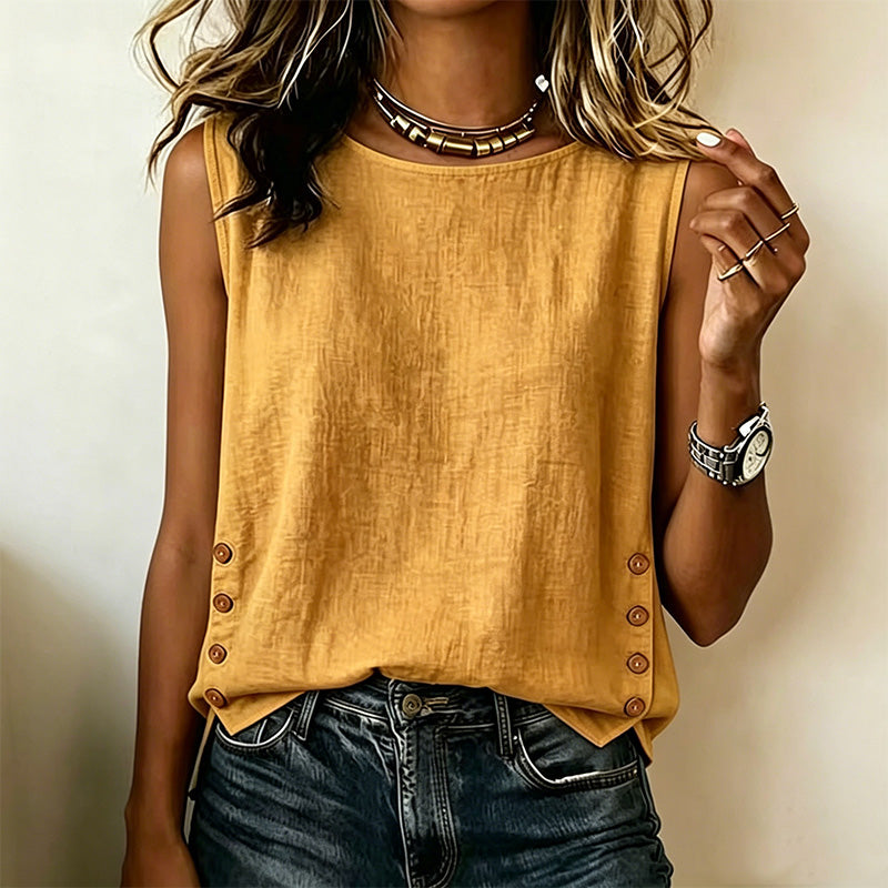 Round neck casual loose button cotton linen solid color T-shirt