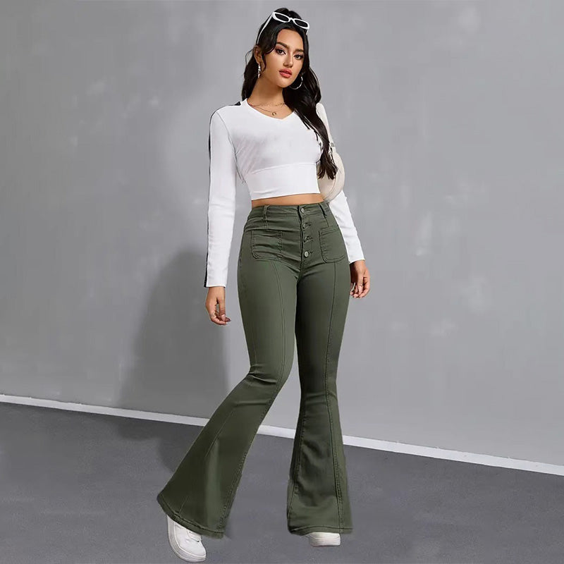 Elastic flared patchwork multi-pocket jeans