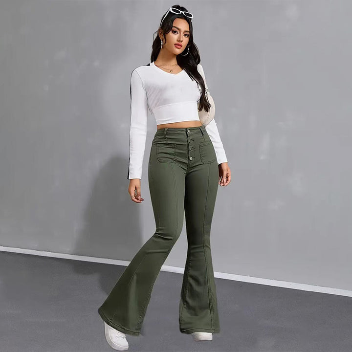 Elastic flared patchwork multi-pocket jeans