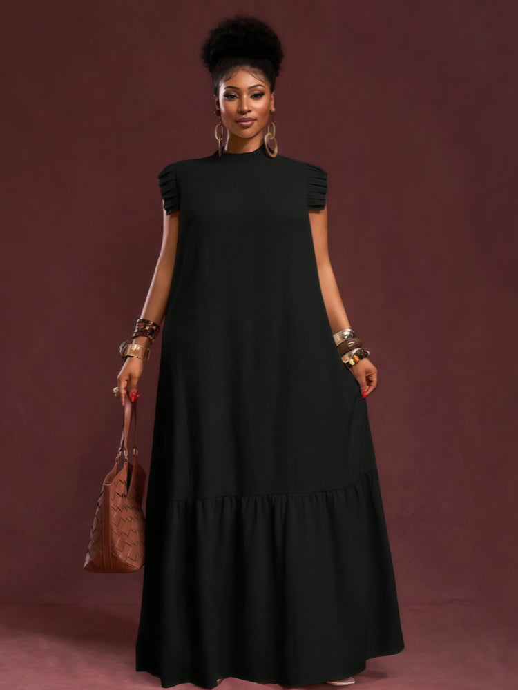 Pleated flutter-sleeve loose maxi dress