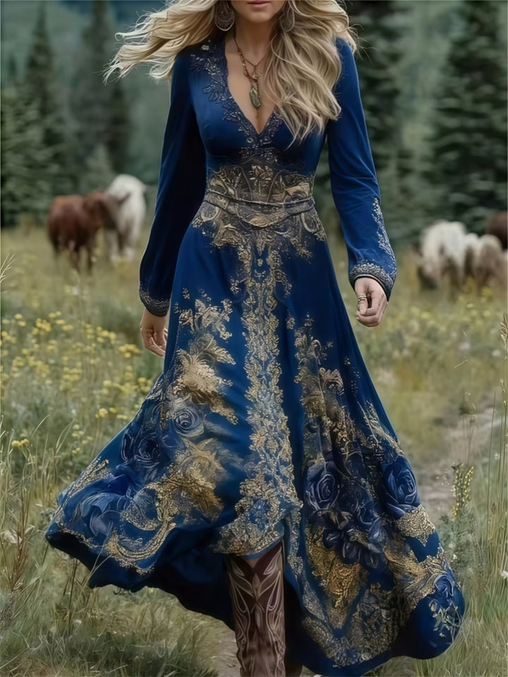 Boho Western Long Sleeve V-Neck Tiered Maxi Dress