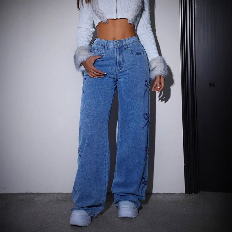 Casual high-waisted butterfly print jeans