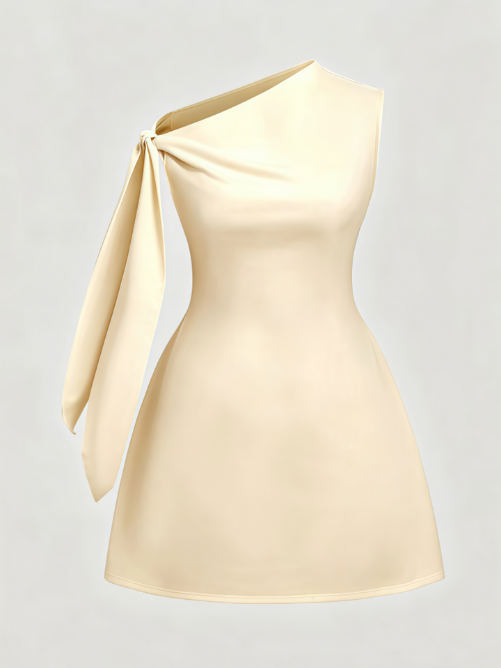 Elegant Solid Color One Shoulder Sleeveless Tie Waist Slim Fit Dress