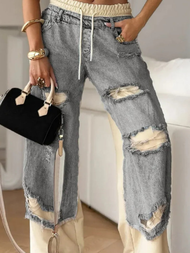 Ripped Contrast Panel Wide Leg Jeans