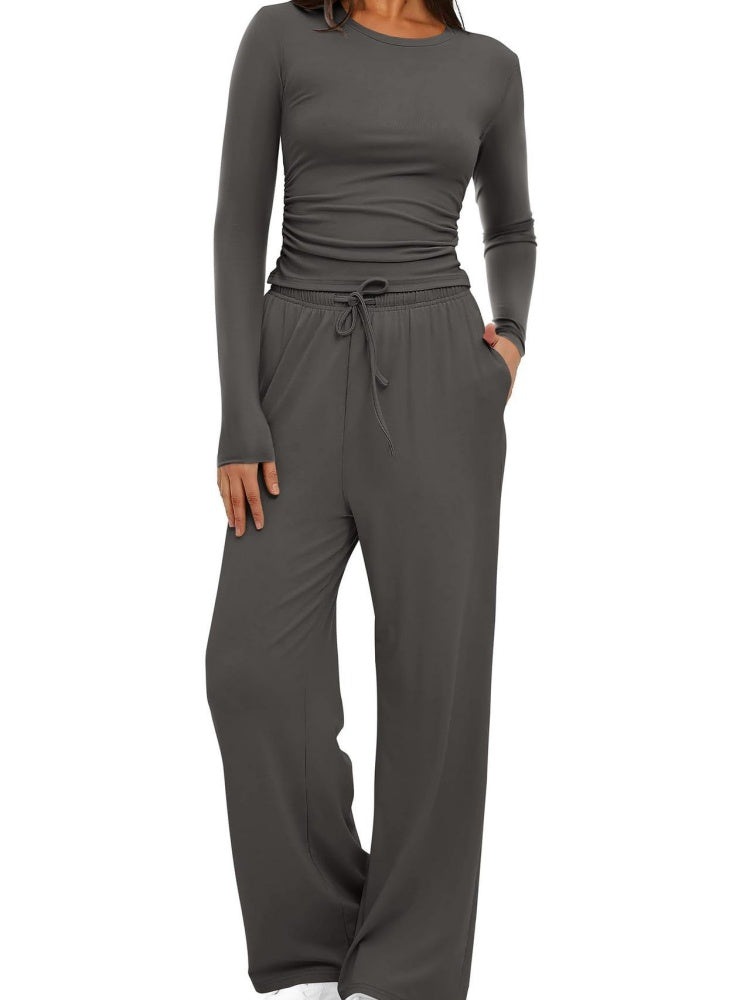 Ruched Long Sleeve Top &amp; Drawstring Wide Leg Pants Set